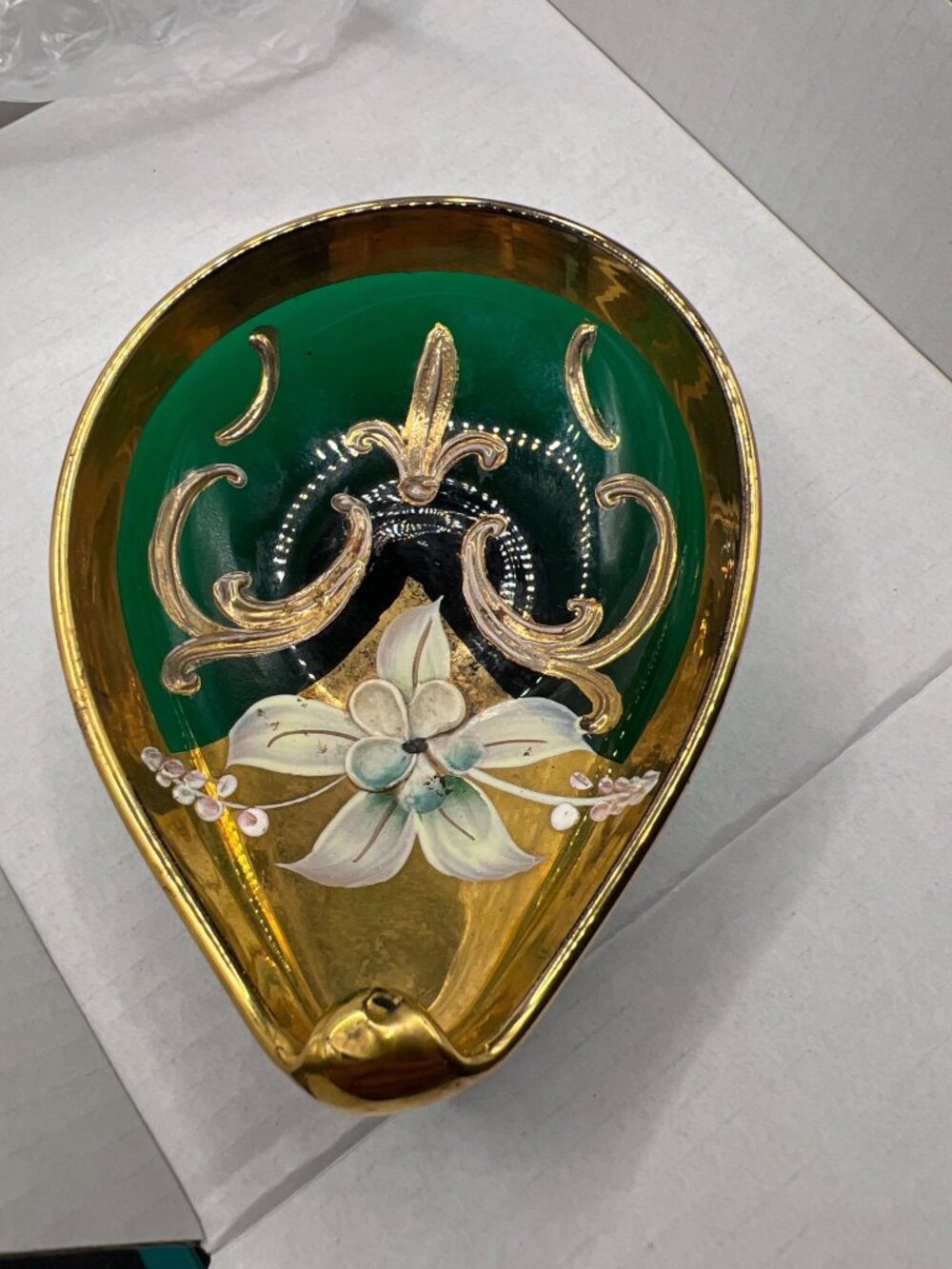 Hand-Painted Green Glass Trinket Dish Gold Floral Design Elegant Made in Italy